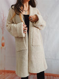 Women's Solid Color Pockets Knee Length Long Cardigan Sweater
