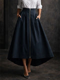Women High Low Pleated Zipper Front Pockets Midi Skirts