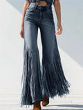 ‌Women's Chic Trendy Mid Waist Fringed Flared Denim Jeans‌