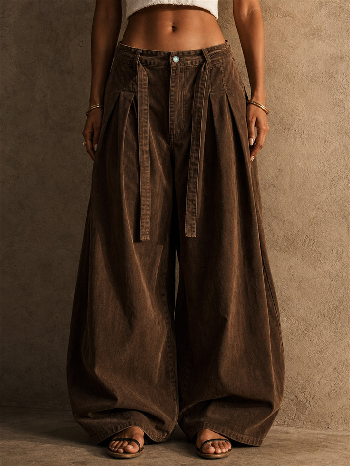 Women High Waist Pleated Baggy Wide Leg Casual Office Pants