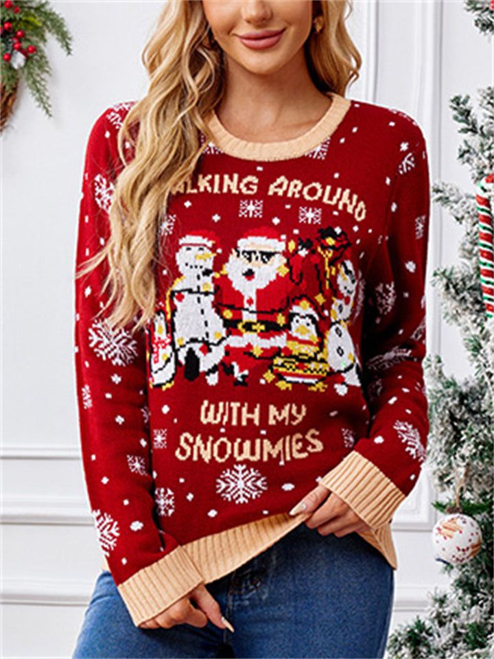 Women's Autumn Red Snowflake Jacquard Pullover Christmas Sweaters