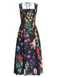 French Style Holiday Elegant Flowers Print Strappy Midi Dress for Lady