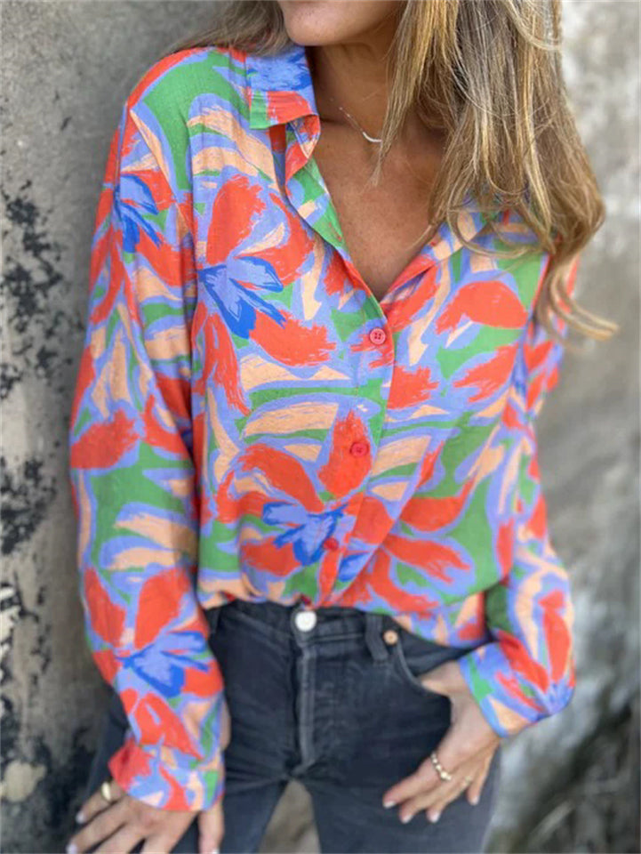 Women's Casual Contrast Color Printed Long Sleeve Blouses