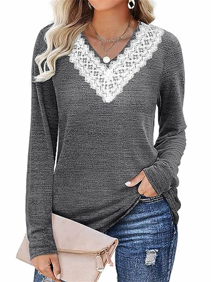 Women's Elegant White Lace V Neck  Solid Color Long Sleeve Shirt