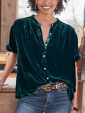 ‌Women's Elegant Velvet Button Up Round Neck Short Sleeve Blouse‌