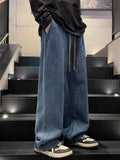 Men's Streetwear Faded Drawstring Elastic Waistband Wide Leg Denim Pants