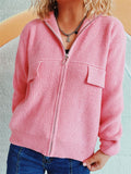 Women's Solid Color Zip Up High Neck Faux Pockets Cardigan Sweater