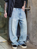 Men's Streetwear‌ Loose Fit Wash Distressed Jeans with Beads and Rhinestone