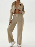 Women's Casual Sporty Cargo Jogger Set Cropped Zip Up Sweatsuit