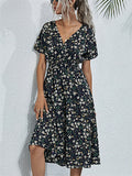 Women's Summer Holiday Style Floral Printed V Neck Midi Dress