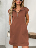 Women's Summer Solid Color Pockets Lapel Zip Above Knee Length Dress