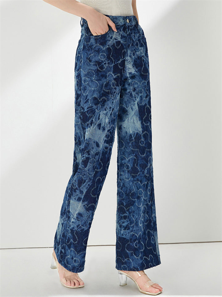 Women's Cotton Mid-Rise Gradient Wide Leg Straight Denim Pants