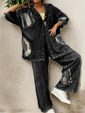 Women's 2Pcs Leopard Print Patchwork Denim Hoodie Top & Pants Set