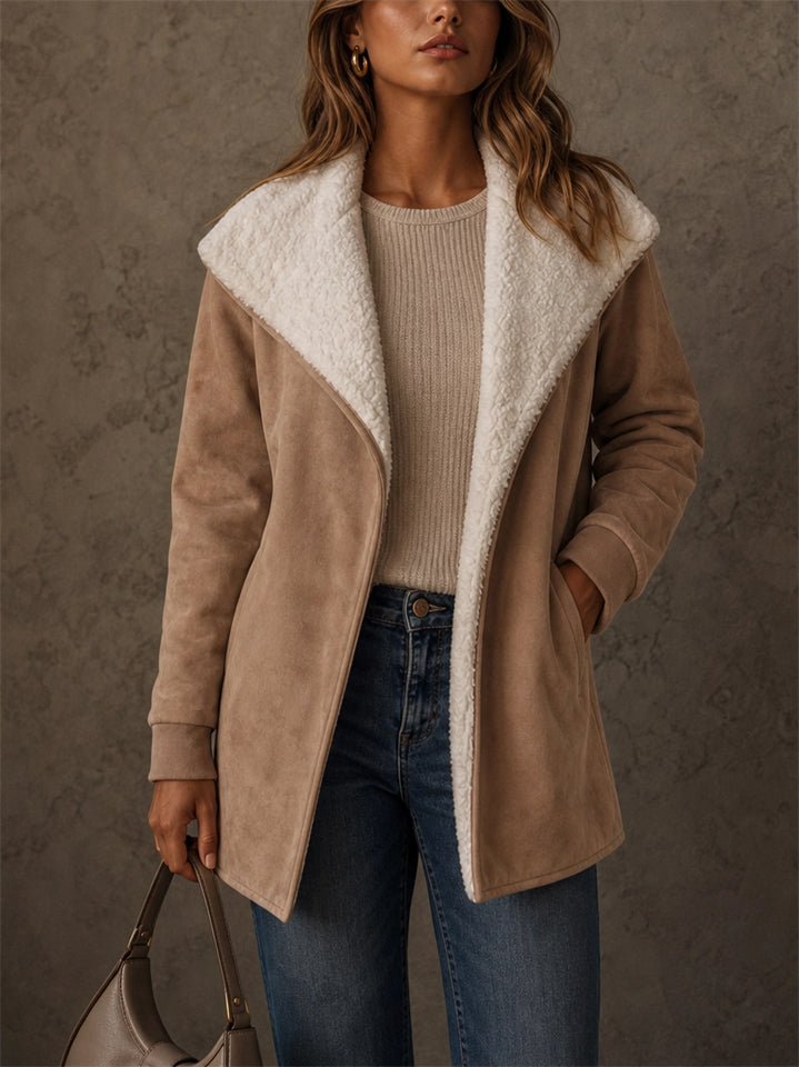 Women Faux Suede Sherpa Lined Open Front Winter Coats