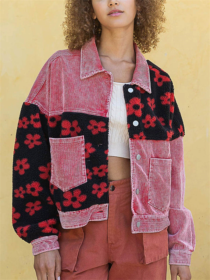 Women's Distressed Chrysanthemum Pattern Patchwork Corduroy Jackets