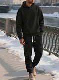 Men's Casual Solid Color Textured Jacquard Drawstring Hooded Sweatshirts & Sweatpants Outfit