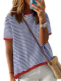 Stripe Contrast Color Short Sleeve Knitted Tops for Women