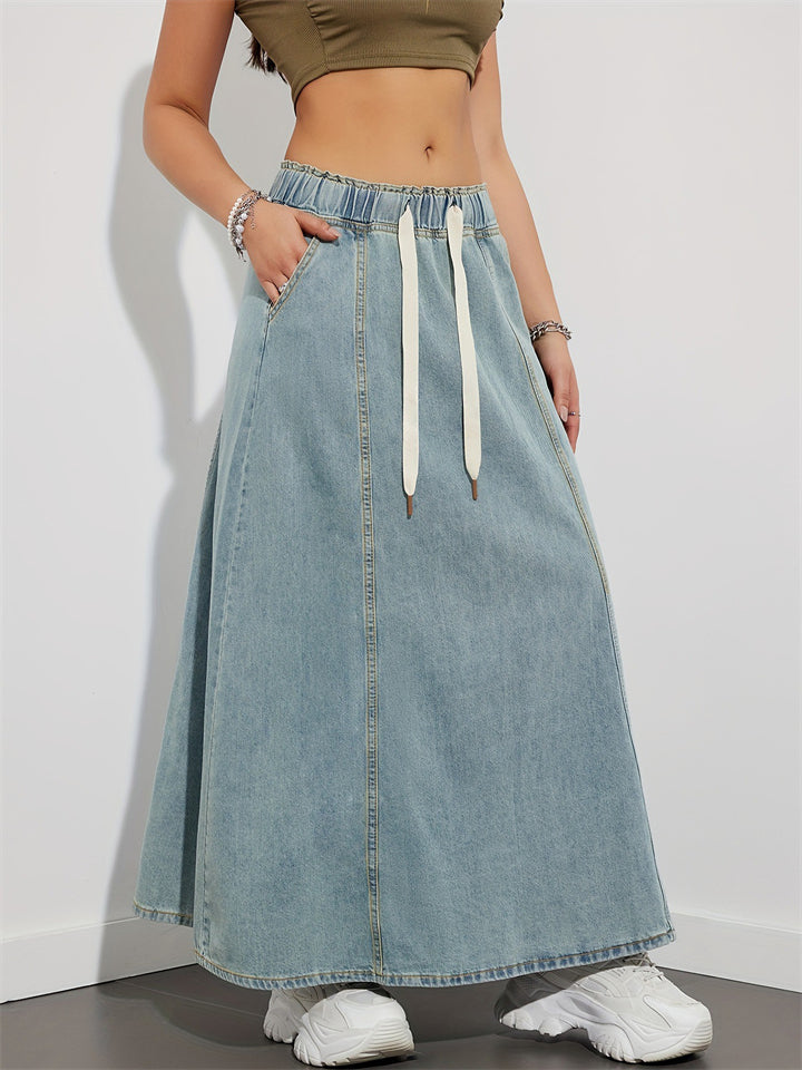 Women A-Line Long Casual Elastic Waist Denim Skirt