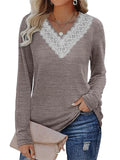 Women's Elegant White Lace V Neck  Solid Color Long Sleeve Shirt