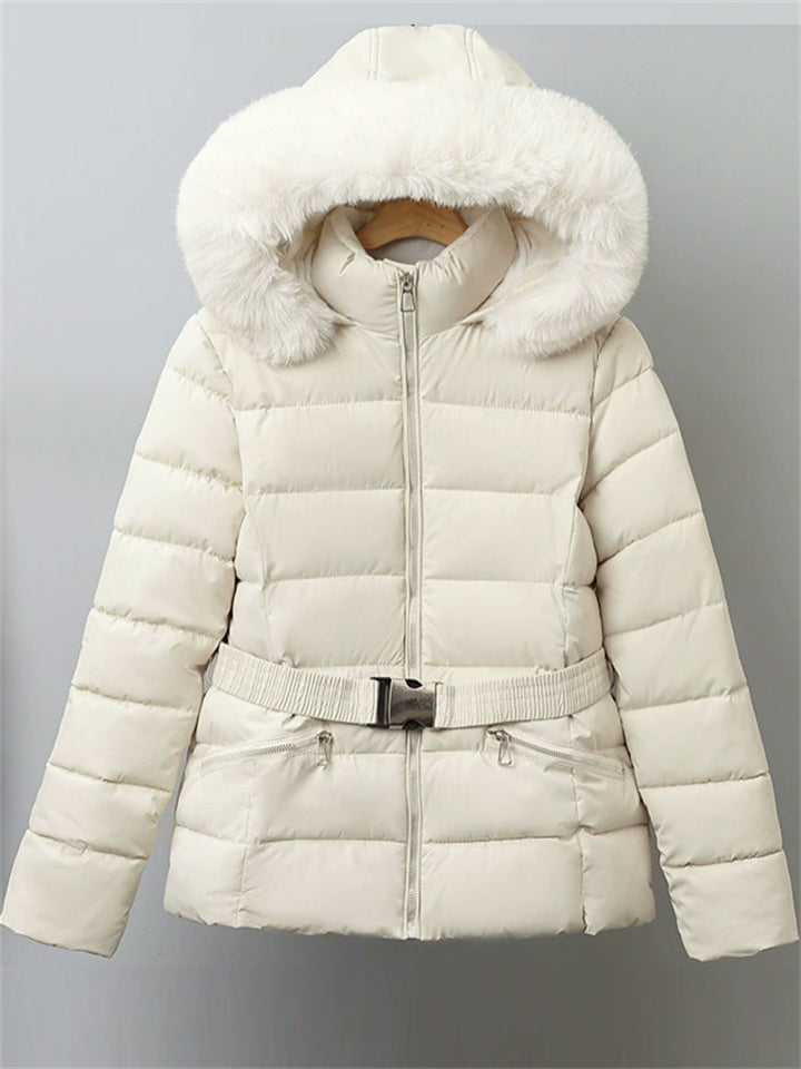 Women's Winter Solid Color Belted Fleeced Coat with Faux Fur Collar