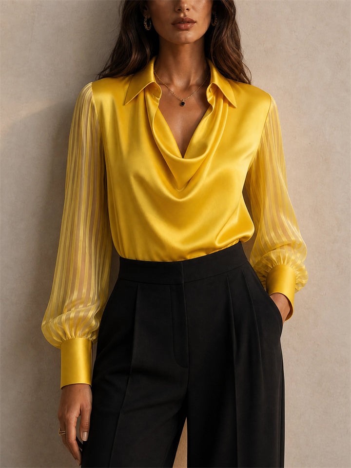 Womens Satin Cowl Neck Sheer Striped Sleeve Blouse
