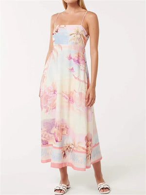Summer Landscape Print Square Neck Strappy Dress for Women