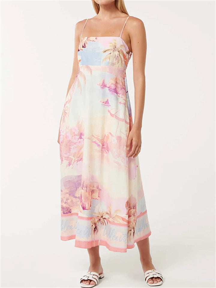 Summer Landscape Print Square Neck Strappy Dress for Women