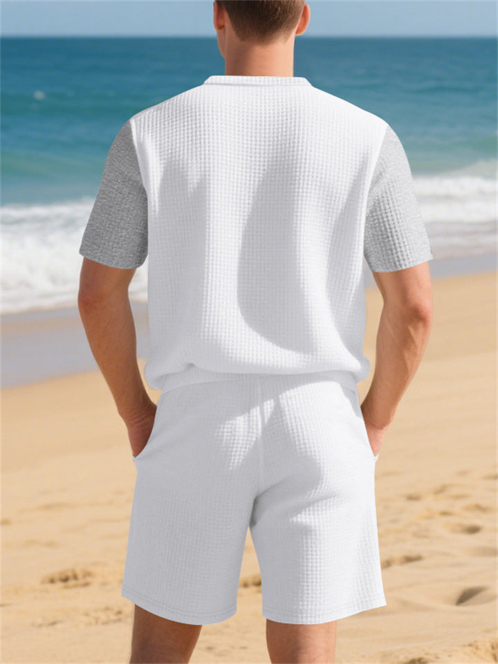 Men's Casual Waffle Contrast Color Comfy Beach Henry Shirt & Shorts Set
