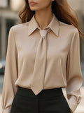 Ladies' Elegant Simple Solid Color Long Sleeve Blouses with Tie