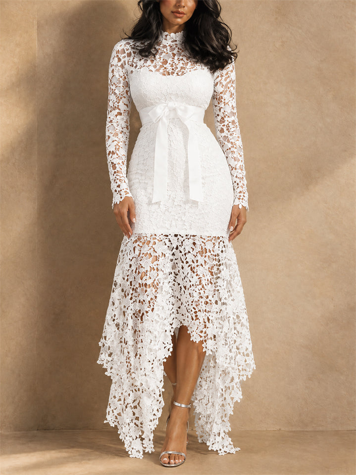 Stunning Waist Tie Lace Design Asymmetric Hem Dress for Prom