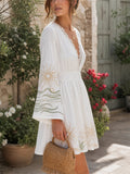 Womens White Boho Sun Print Bell Sleeve Mini Dress with Lace Trim