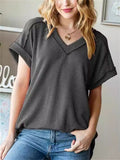 Women's Solid Color Pit Stripe V Neck Long Sleeve Shirts