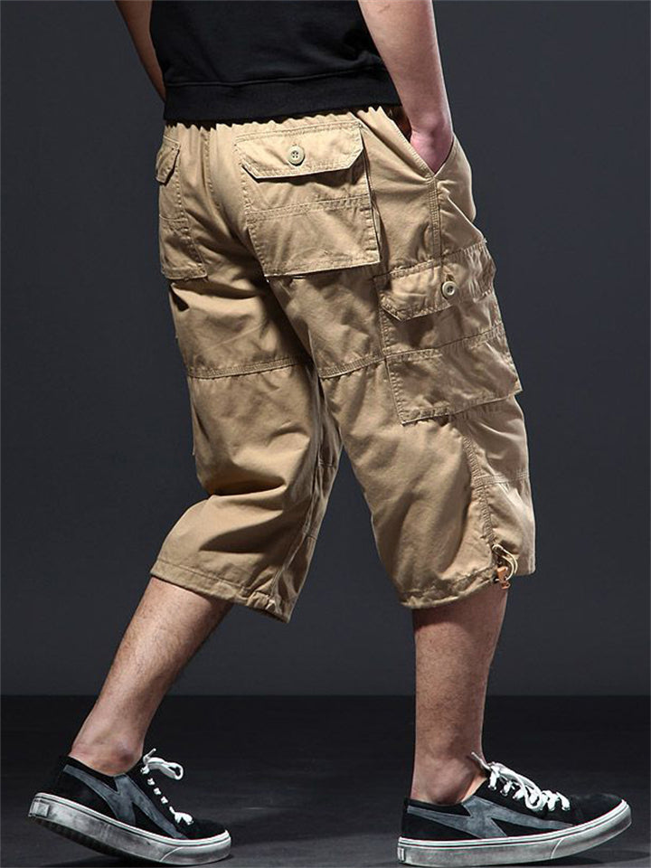 Men's Summer Casual Solid Color Cotton Pockets Cargo Capri Pants