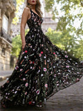 Women's French Style Deep V Neck Backless Embroidery Black Dress
