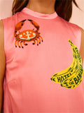 Women's Pink Side Split Sundress with Coconut Tree Letter Print