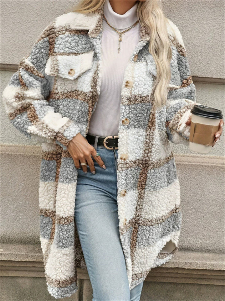 Women's Autumn Casual Color Block Plaid Button Up Mid-Length Coat