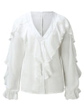 Women's Vintage Printed V Neck Ruffle Elegant Chiffon Shirt