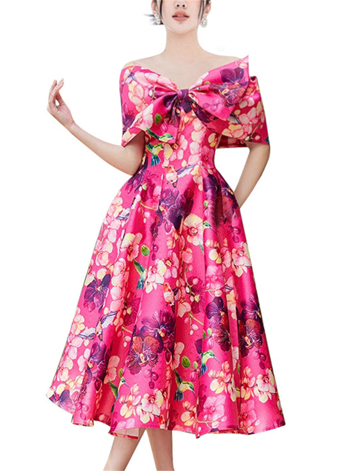 French Style Women's Bow Tie Floral Print Big Hem Midi Dress