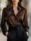 Women's Autumn Elegant Long-sleeved V Neck Lapel Button-up Blouses