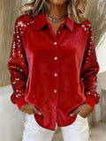 Autumn Velvet Sequin Sleeve Patchwork Button Up Casual Blouses for Women