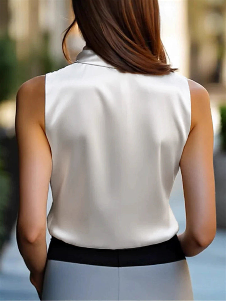 Ladies' Elegant White Flowers Printed Satin V Neck Sleeveless Blouses