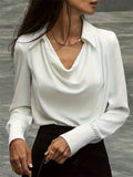 Ladies' Elegant Dopamine Solid Color Long Sleeve Swing Collar Blouses
