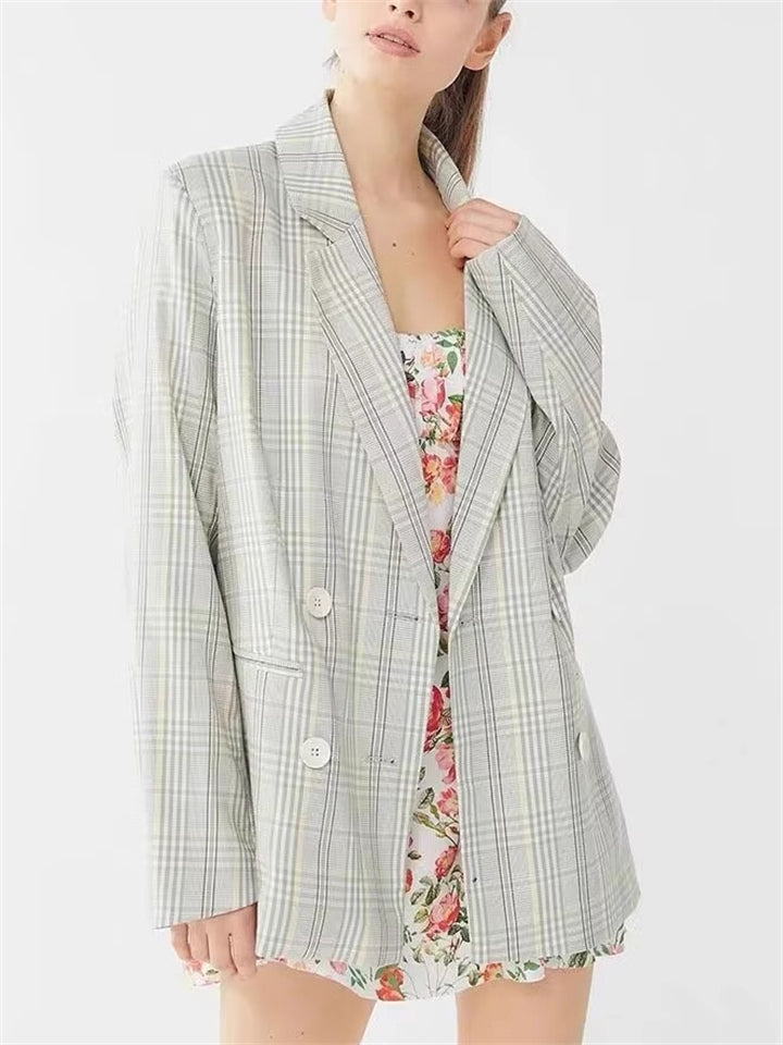 Women's Casual Plaid Double Breasted Suit Collar Coat