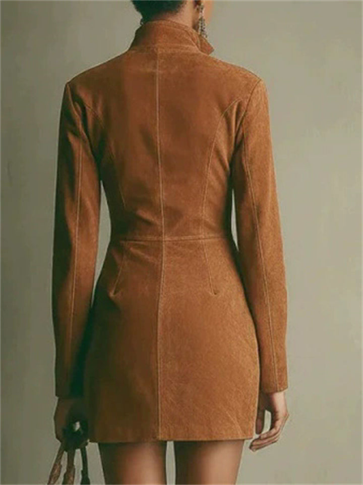 ‌Women's Vintage Brown Faux Suede Zipper Mini Dress