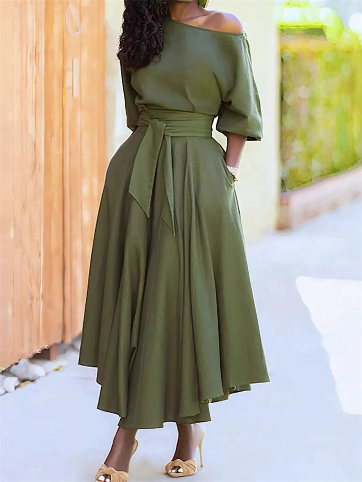 Women's Green Elegant Slanted Shoulder Tie-waist Asymmetric Hem Dress