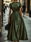 Women's Green Solid Color Elegant French Style V Neck Big Hem Dress