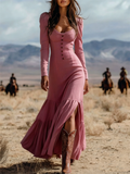 ‌Sexy Boho Chic Long Sleeve Button Front Maxi Dress for Women‌