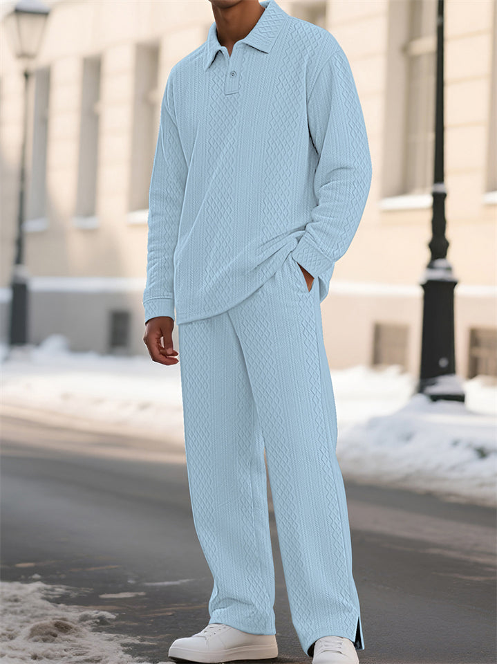 Men's Casual Solid Color Textured Jacquard Drawstring Polo Sweatshirts & Sweatpants Outfit