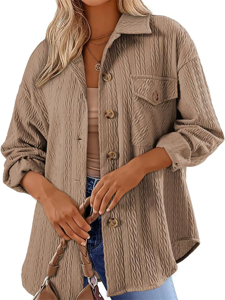 Women's Casual Solid Color Embossed Lapel Long Sleeve  Blouses