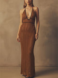 Women Contrast Trim Backless Sexy Beach Resort Halter Knit Maxi Dress